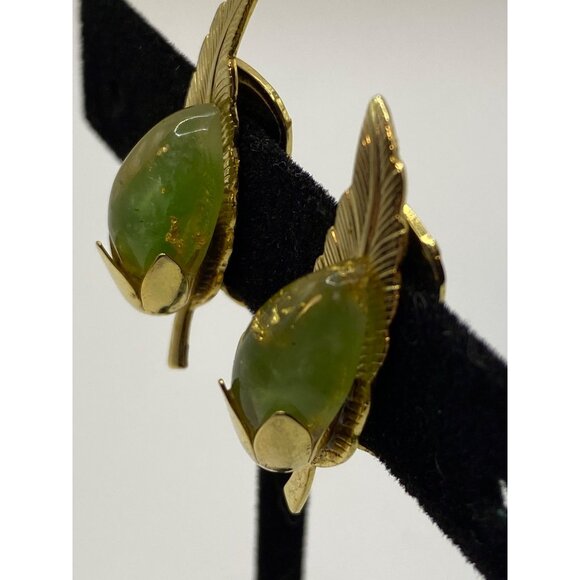 Vintage Leru Green Cabochon Gold-Tone Clip-On Earrings J0260 - Picture 7 of 11
